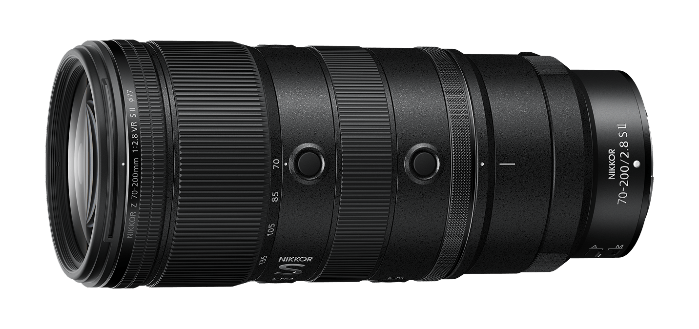 NIKKOR Z 70-200mm f/2.8 VR S II lens product image front angle with tripod collar ring | Nikon Cameras, Lenses & Accessories